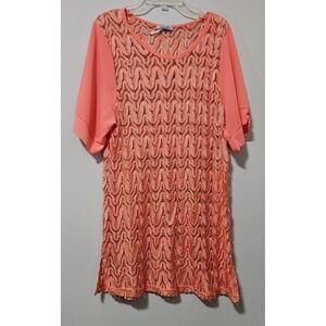 Essential Coral Peach Crochet Lace Tunic Top Short Sleeve Wavy Chevron‎ Pattern